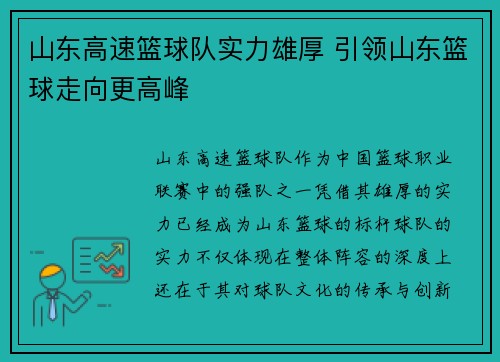 山东高速篮球队实力雄厚 引领山东篮球走向更高峰